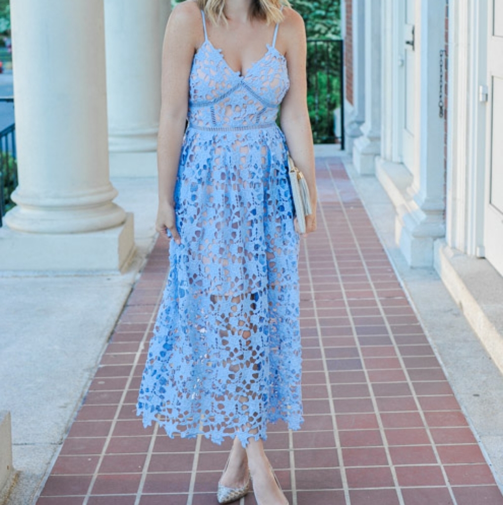 Aqua Blue Floral Lace Cami A-line Lattice Trim Midi Dress L